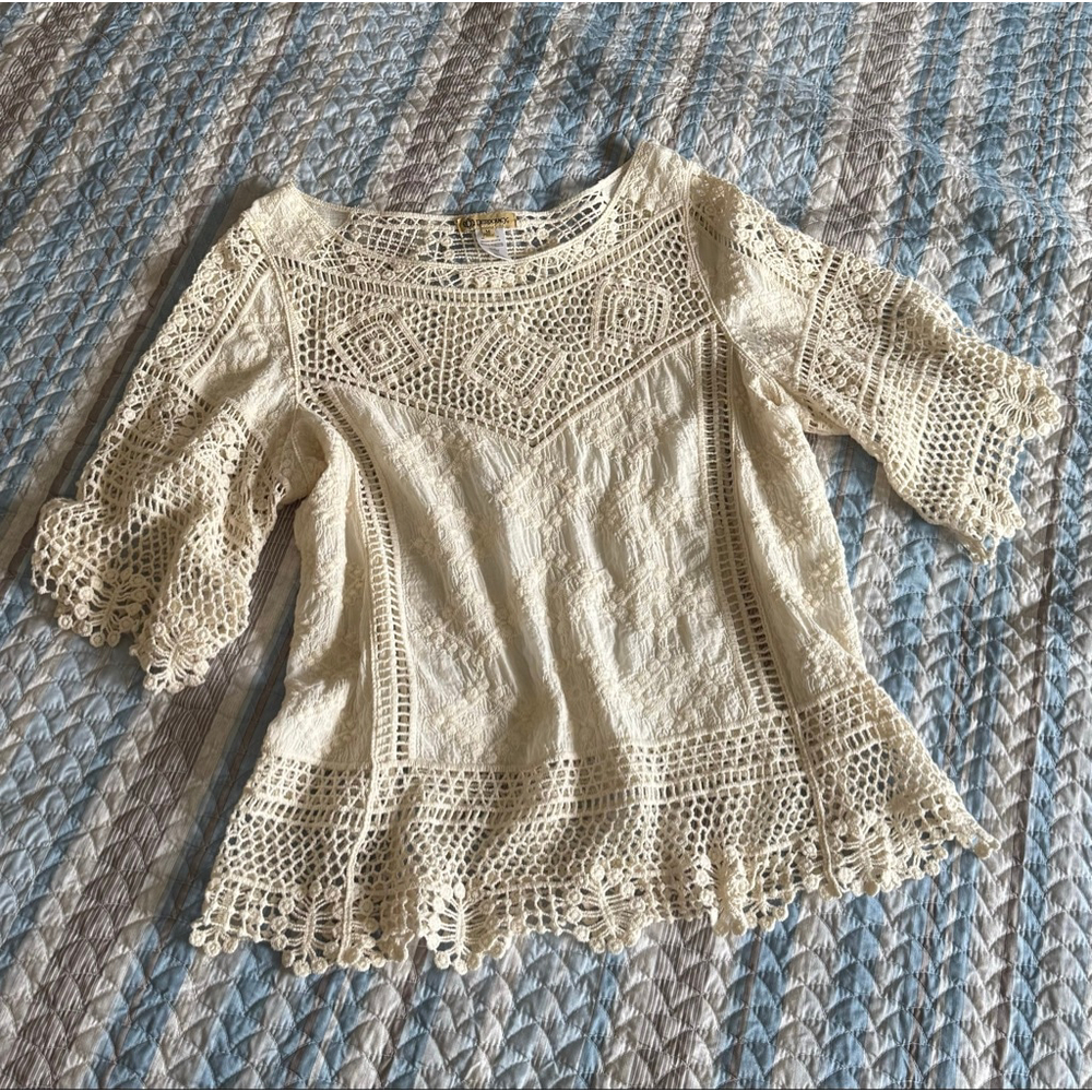 Vintage Boho Rustic Cream Knit & Cotton Blouse – Size M